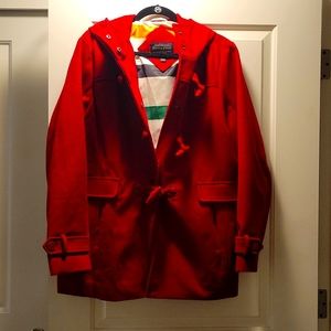 Hooded toggle red pea coat